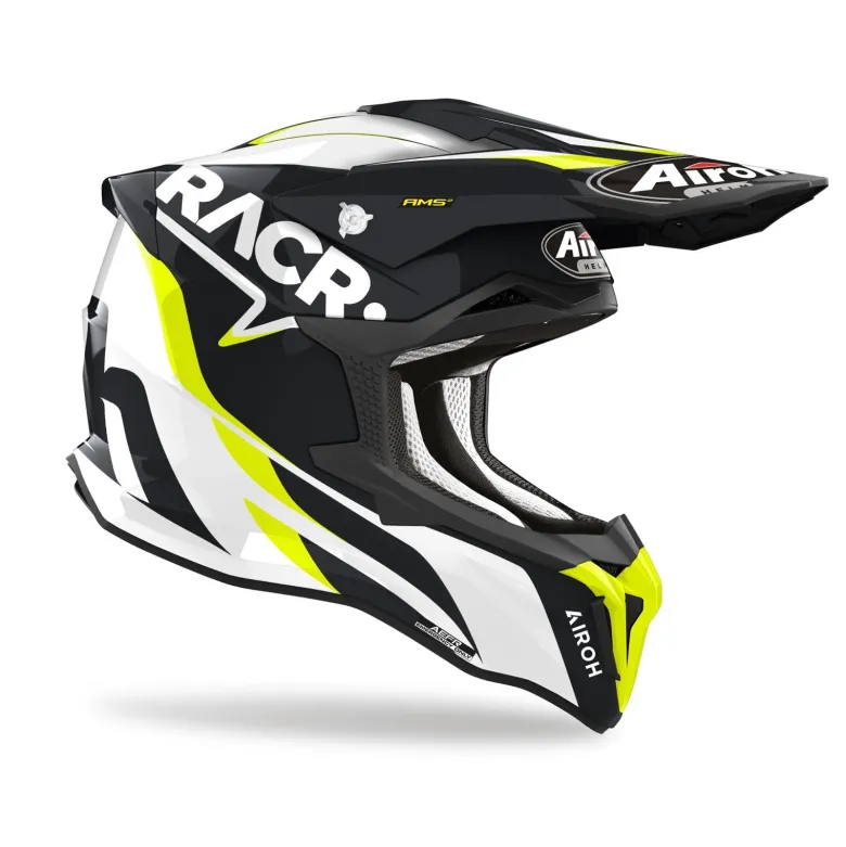 Kask cross AIROH STRYCKER RACR GLOSS czarny biały żółty fluo