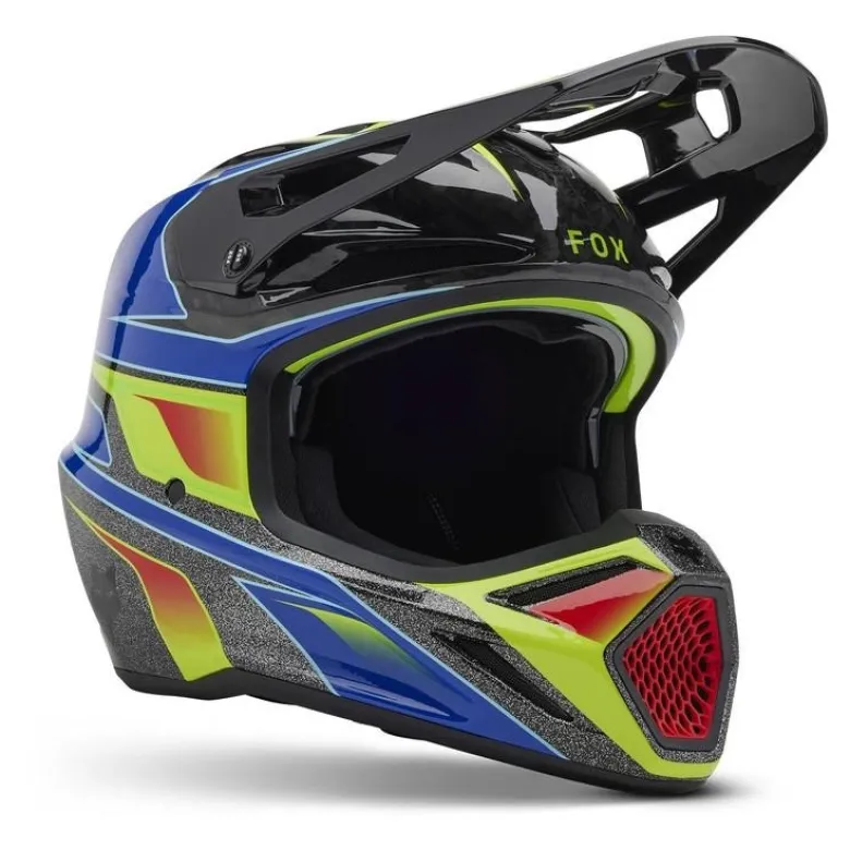 Kask cross FOX V3 RS CARBON ACRIC MULTI niebieski żółty fluo czerwony czarny