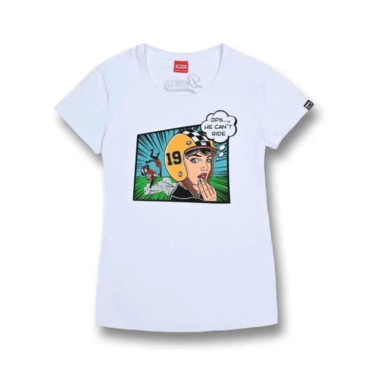 Koszulka T-shirt damska DAVCA OPS HE CAN'T RIDE biały żółty niebieski zielony