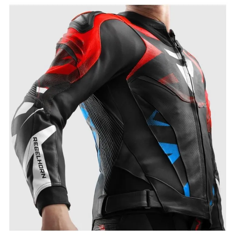 Kurtka skórzana REBELHORN INFERNO BLACK/BLUE/WHITE/RED czarny niebieski biały czerwony