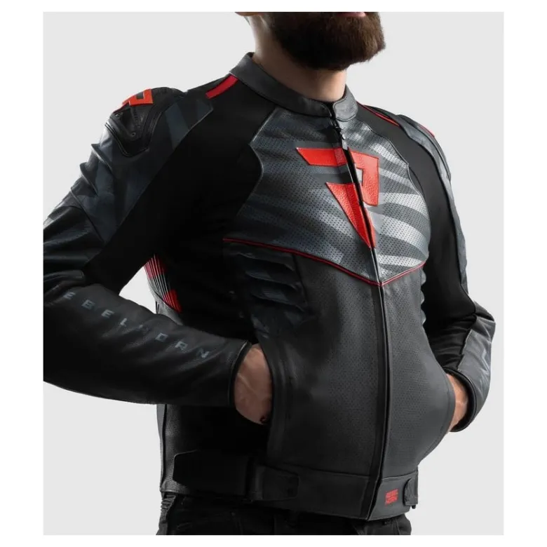 Kurtka skórzana REBELHORN VANDAL 2 BLACK/GREY/FLUO RED czarny szary czerwony fluo